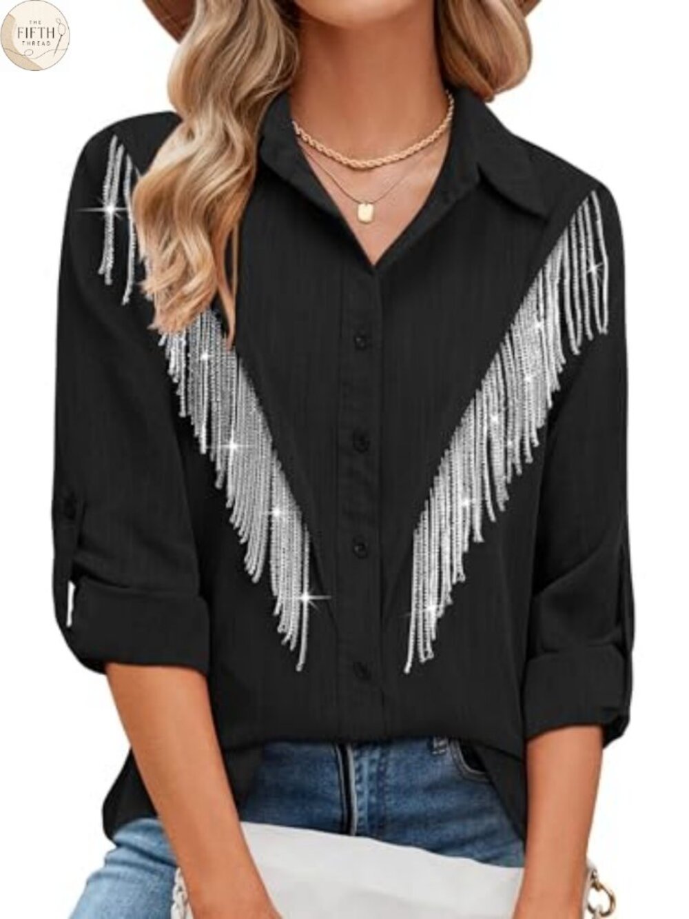 Western Cowgirl Rhinestone Fringe Button Down Shirt 3/4 Sleeve